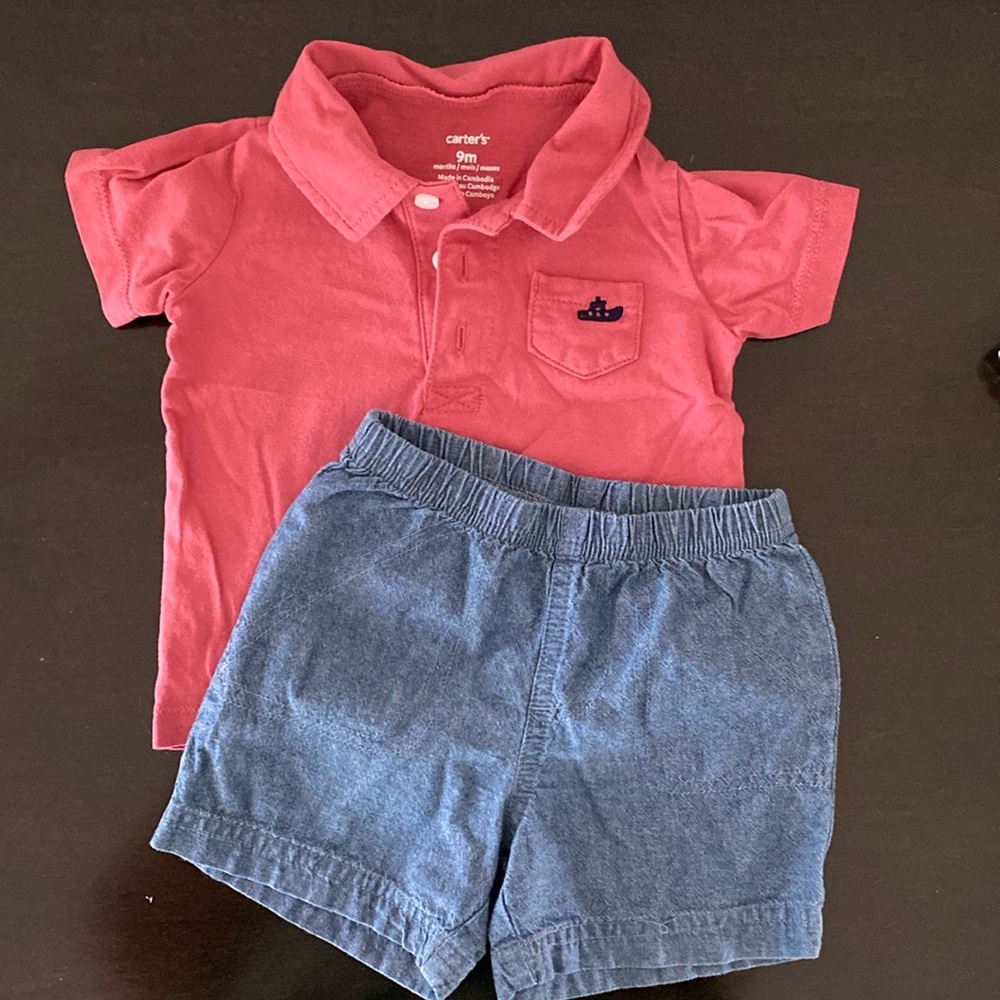 Carters red polo shirt and denim pull on shorts